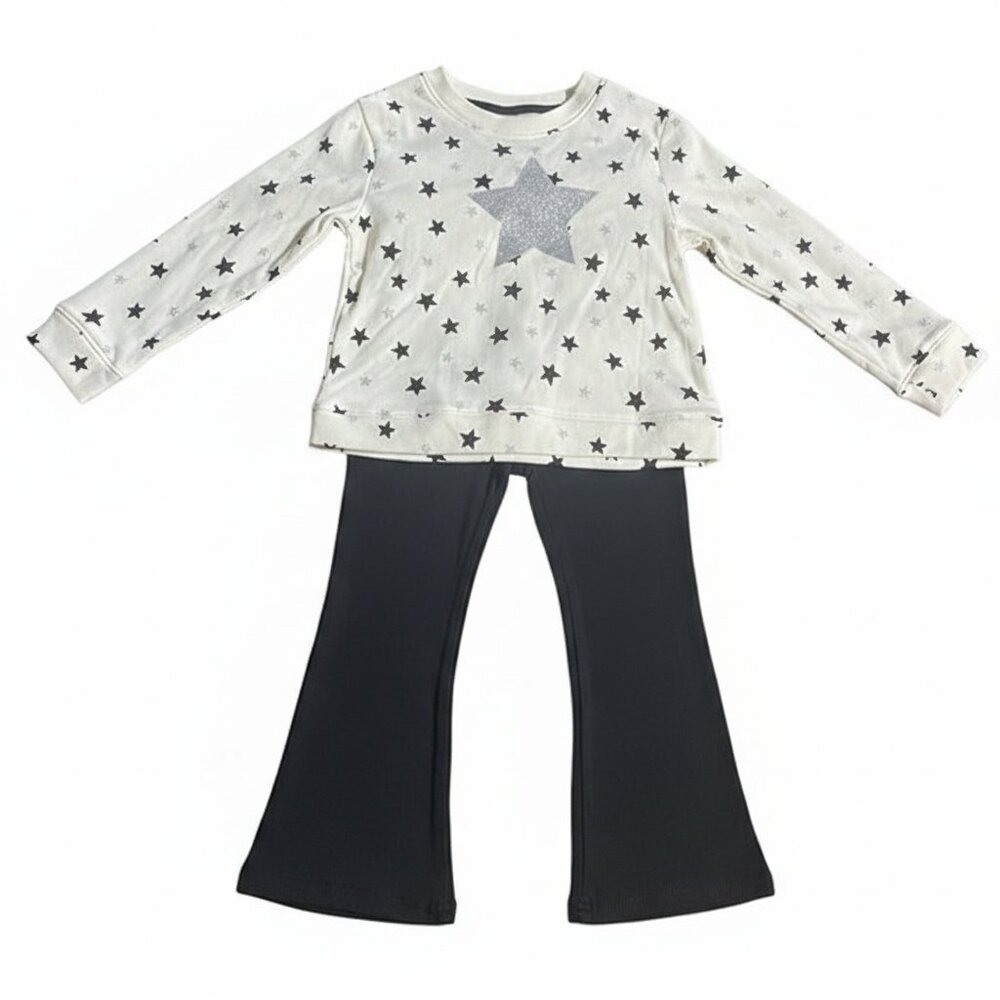 BCG Girls 2-Piece Outfit Star Print  Off White Crewneck Black Leggings 4T NEW
